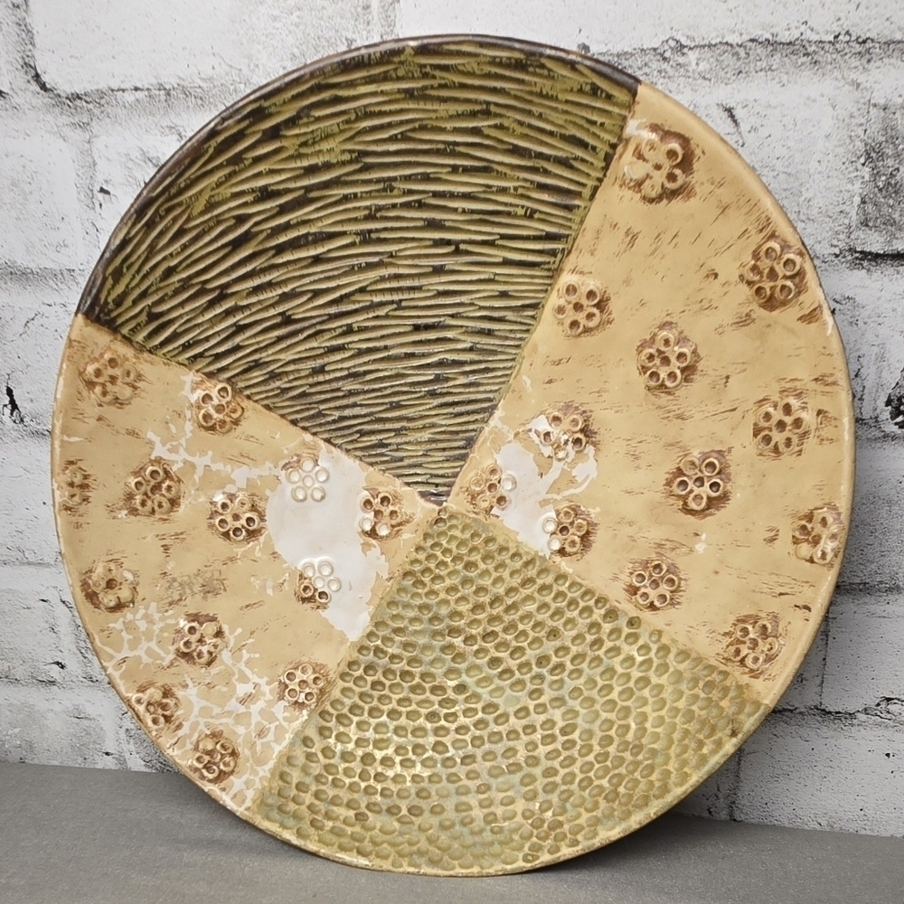 Russ Home Textured Ceramic Decorative Bowl Plate Green Tan 1990s
